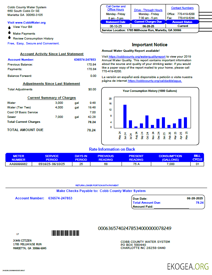 USA Cobb County Water System  utility bill template in Word and PDF formats